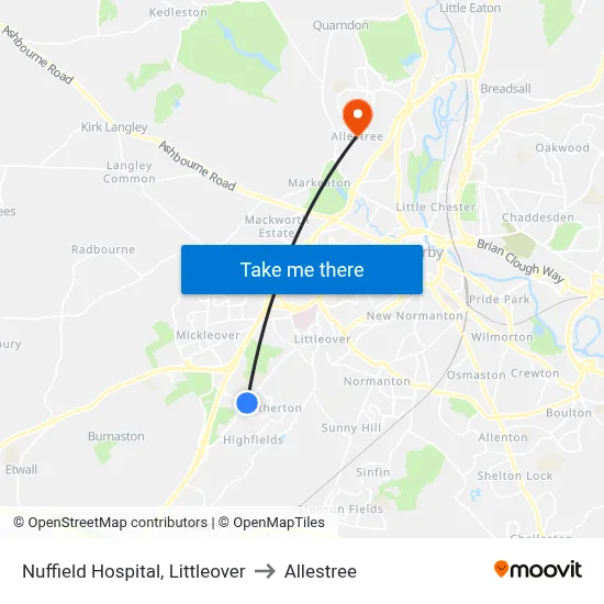 Nuffield Hospital, Littleover to Allestree map