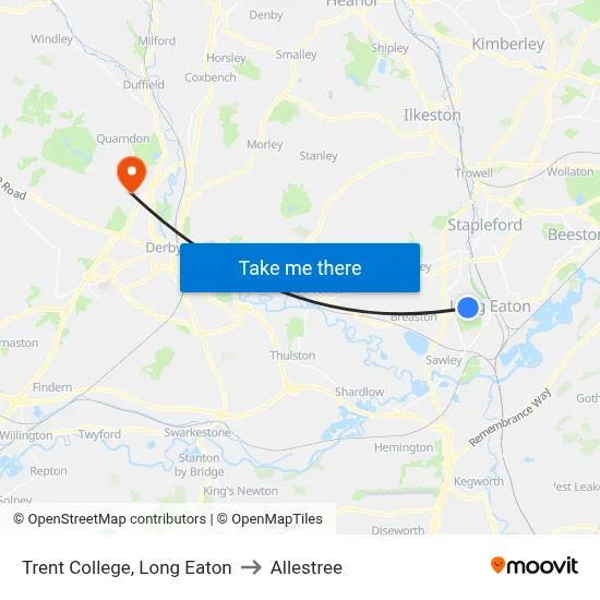 Trent College, Long Eaton to Allestree map