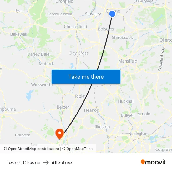 Tesco, Clowne to Allestree map