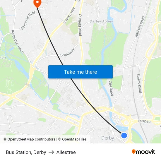 Bus Station, Derby to Allestree map
