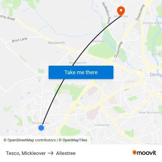Tesco, Mickleover to Allestree map