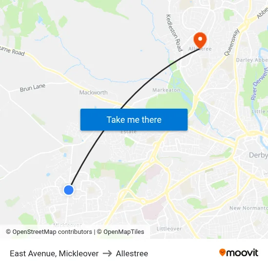 East Avenue, Mickleover to Allestree map