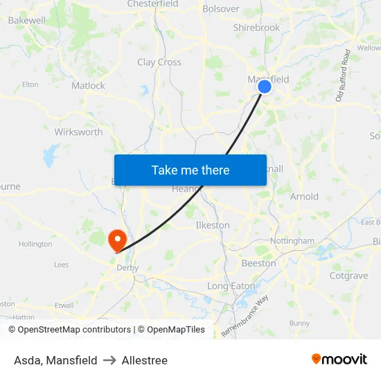 Asda, Mansfield to Allestree map