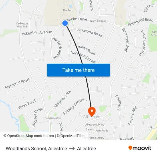 Woodlands School, Allestree to Allestree map