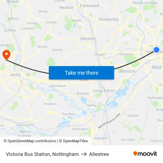 Victoria Bus Station, Nottingham to Allestree map