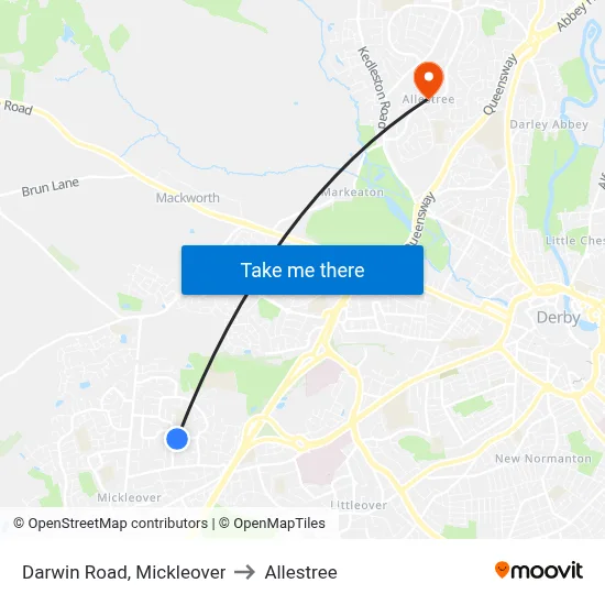Darwin Road, Mickleover to Allestree map
