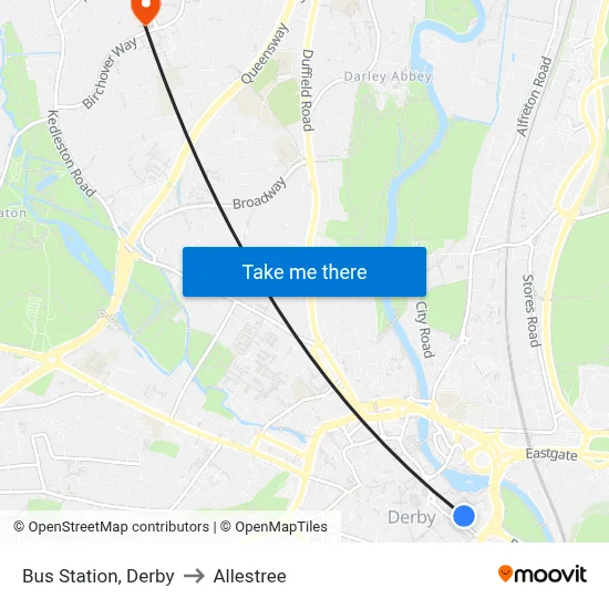 Bus Station, Derby to Allestree map