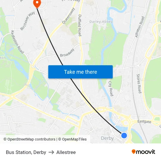 Bus Station, Derby to Allestree map