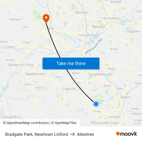 Bradgate Park, Newtown Linford to Allestree map