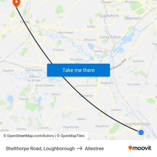 Shelthorpe Road, Loughborough to Allestree map