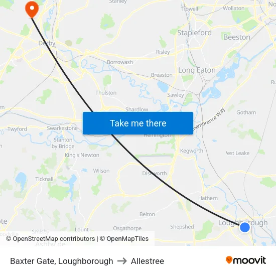 Baxter Gate, Loughborough to Allestree map