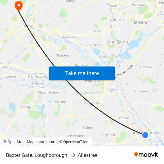 Baxter Gate, Loughborough to Allestree map