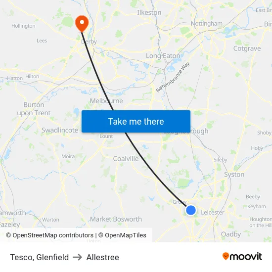 Tesco, Glenfield to Allestree map
