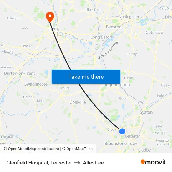 Glenfield Hospital, Leicester to Allestree map