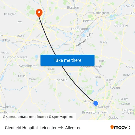 Glenfield Hospital, Leicester to Allestree map