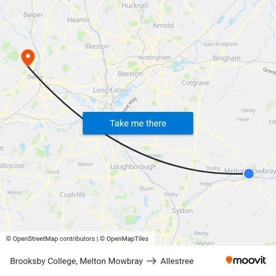 Brooksby College, Melton Mowbray to Allestree map