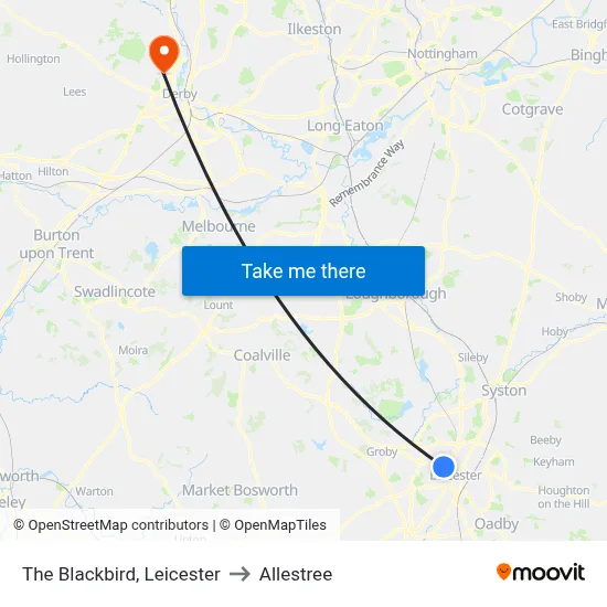 The Blackbird, Leicester to Allestree map