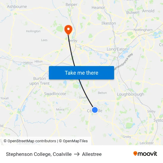 Stephenson College, Coalville to Allestree map