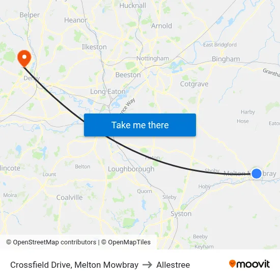 Crossfield Drive, Melton Mowbray to Allestree map