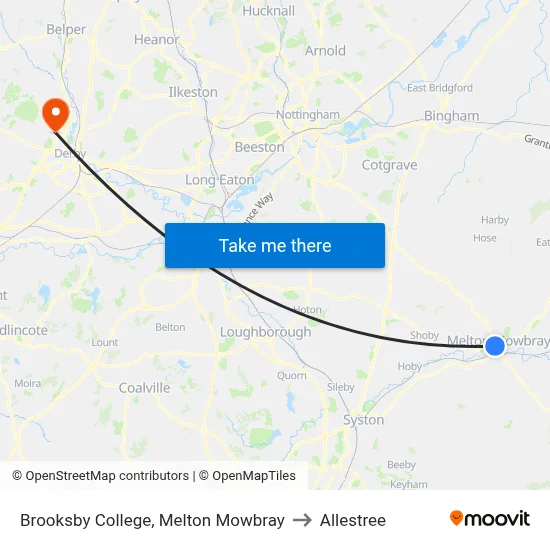 Brooksby College, Melton Mowbray to Allestree map