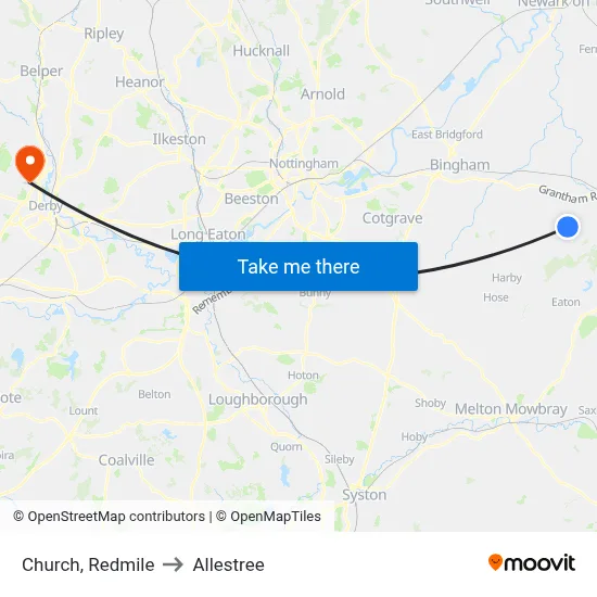 Church, Redmile to Allestree map