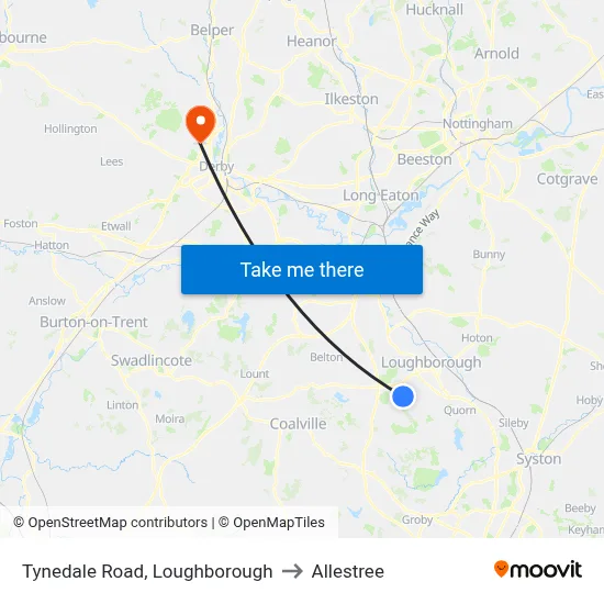 Tynedale Road, Loughborough to Allestree map