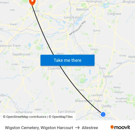 Wigston Cemetery, Wigston Harcourt to Allestree map