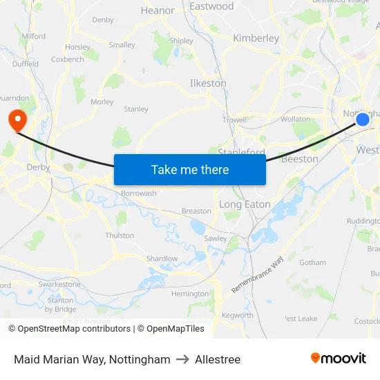 Maid Marian Way, Nottingham to Allestree map