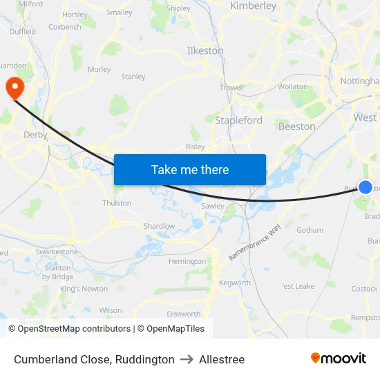 Cumberland Close, Ruddington to Allestree map