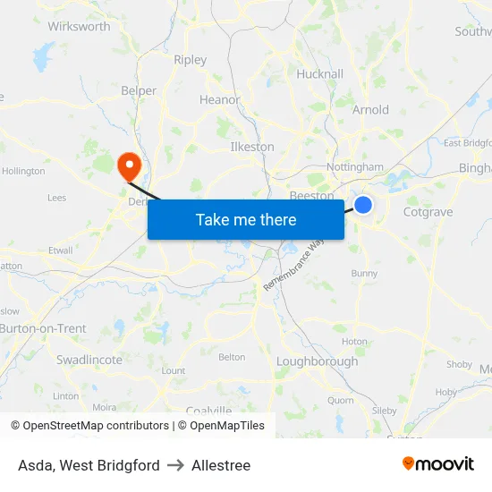 Asda, West Bridgford to Allestree map