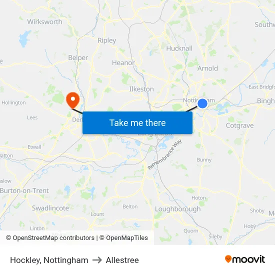 Hockley, Nottingham to Allestree map