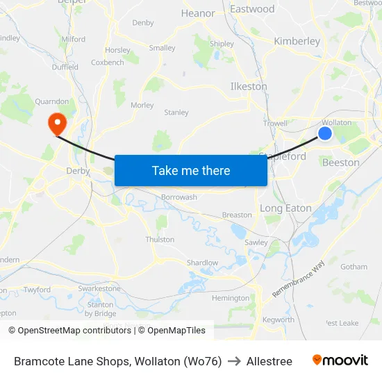 Bramcote Lane Shops, Wollaton (Wo76) to Allestree map