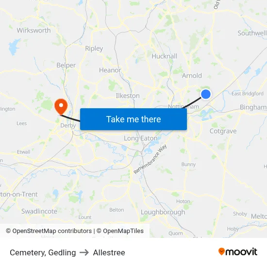 Cemetery, Gedling to Allestree map