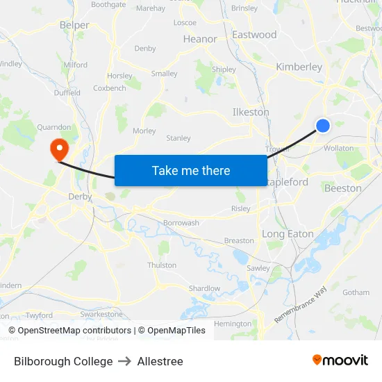 Bilborough College to Allestree map