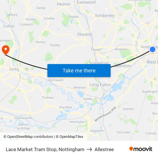 Lace Market Tram Stop, Nottingham to Allestree map