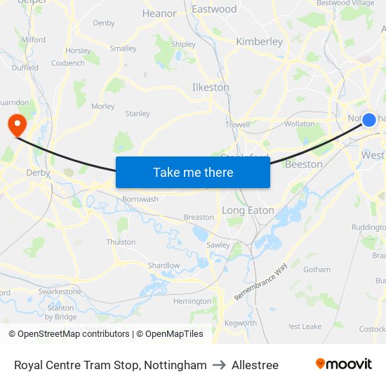 Royal Centre Tram Stop, Nottingham to Allestree map