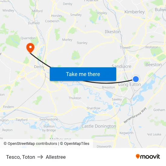 Tesco, Toton to Allestree map