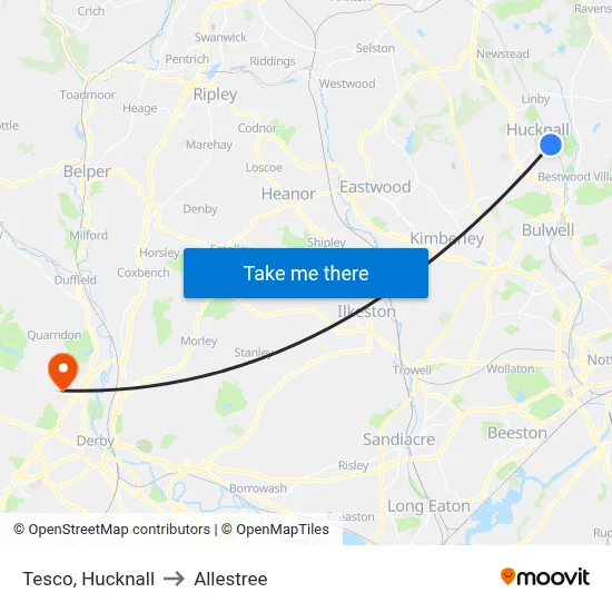 Tesco, Hucknall to Allestree map