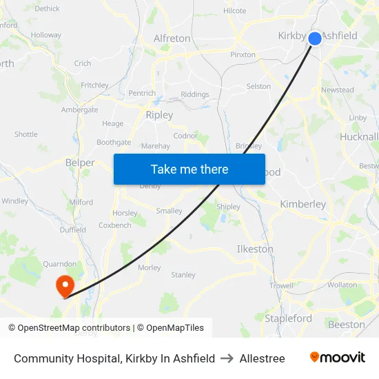 Community Hospital, Kirkby In Ashfield to Allestree map