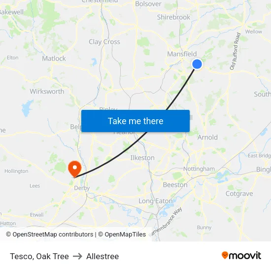 Tesco, Oak Tree to Allestree map