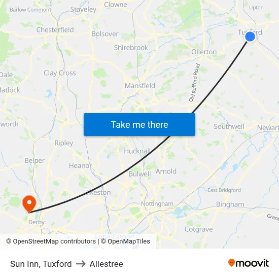 Sun Inn, Tuxford to Allestree map