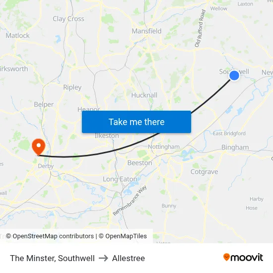The Minster, Southwell to Allestree map
