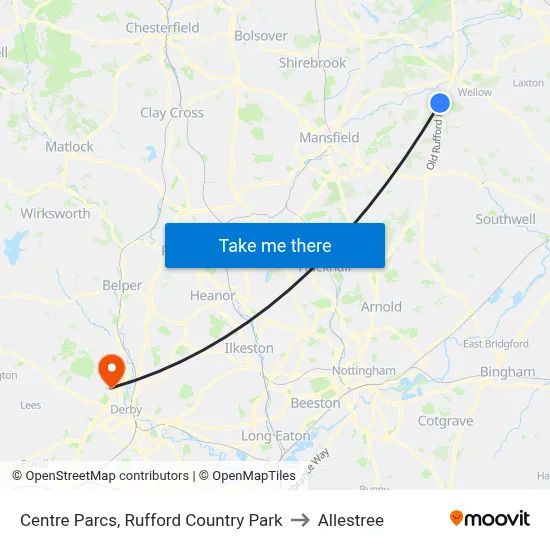 Centre Parcs, Rufford Country Park to Allestree map