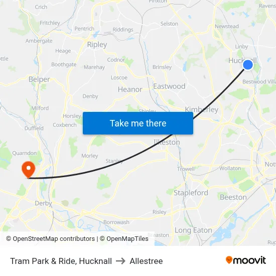 Tram Park & Ride, Hucknall to Allestree map