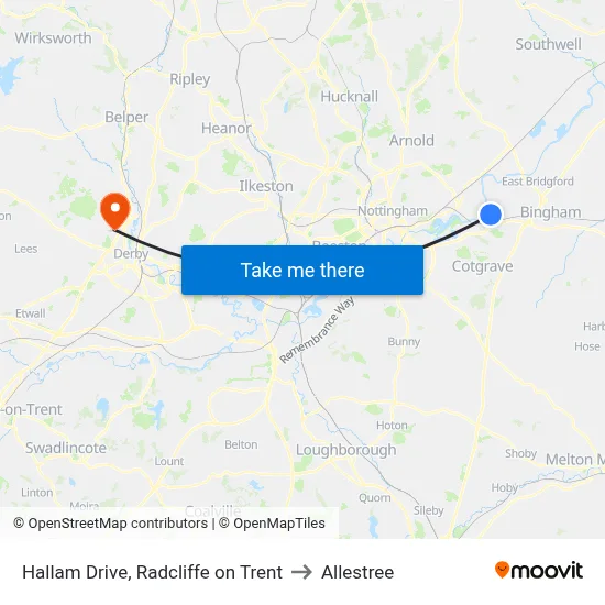 Hallam Drive, Radcliffe on Trent to Allestree map