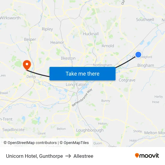 Unicorn Hotel, Gunthorpe to Allestree map