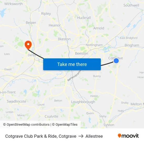 Cotgrave Club Park & Ride, Cotgrave to Allestree map