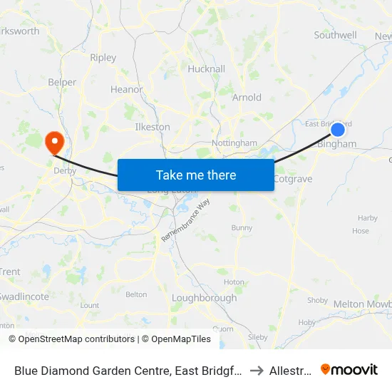Blue Diamond Garden Centre, East Bridgford to Allestree map