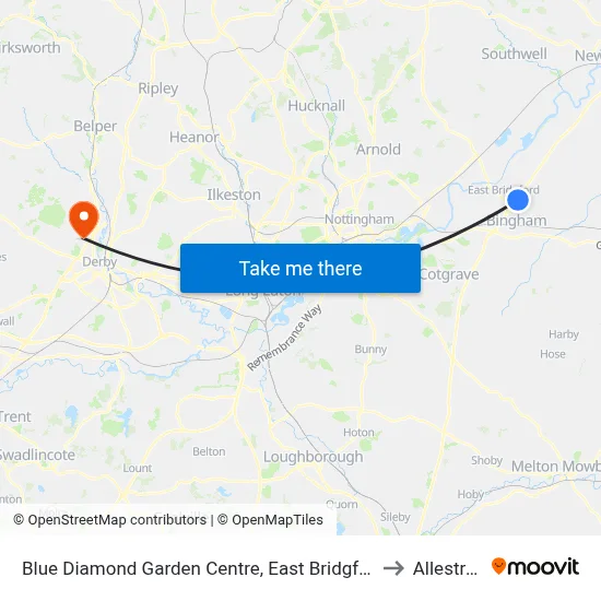 Blue Diamond Garden Centre, East Bridgford to Allestree map