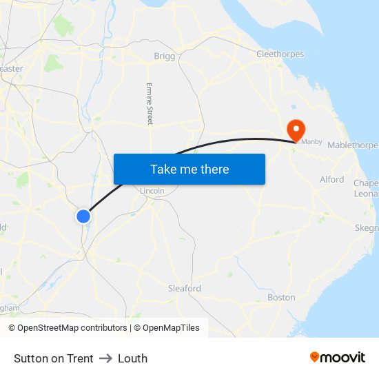Sutton on Trent to Louth map
